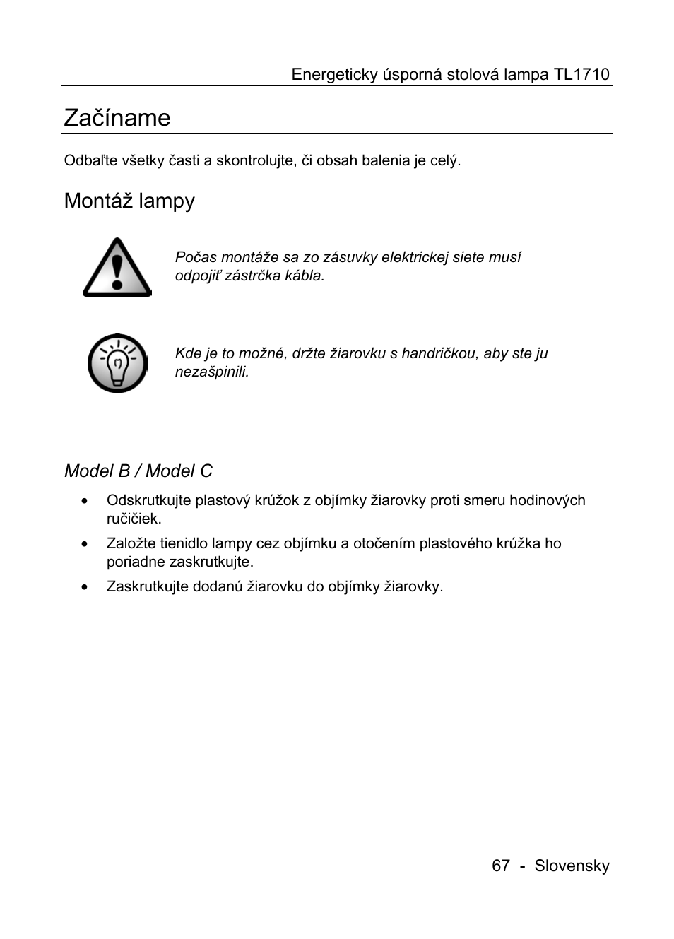 Začíname, Montáž lampy | Livarno TL1710 User Manual | Page 69 / 89