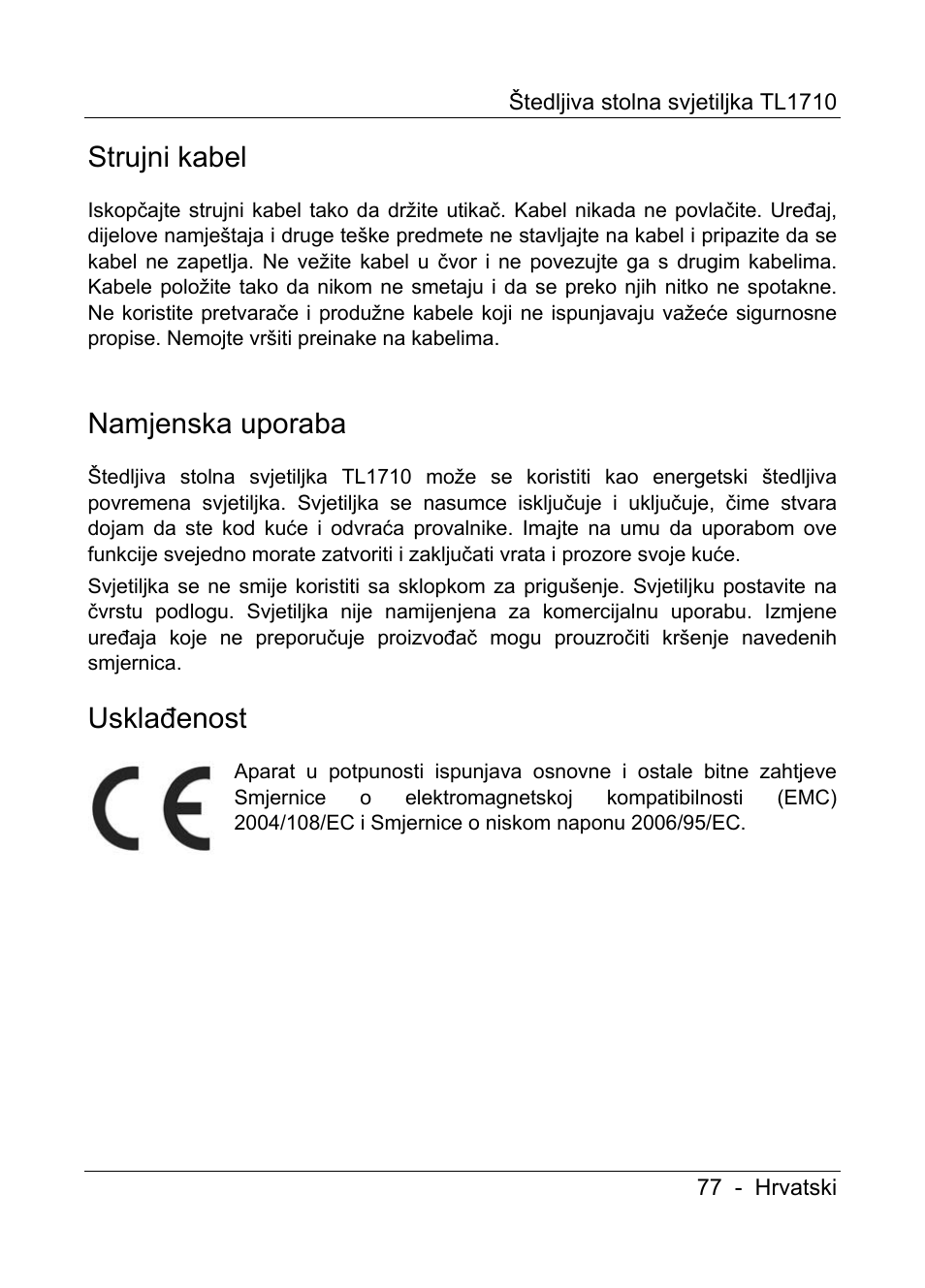 Strujni kabel, Namjenska uporaba, Usklađenost | Livarno TL1710 User Manual | Page 79 / 89