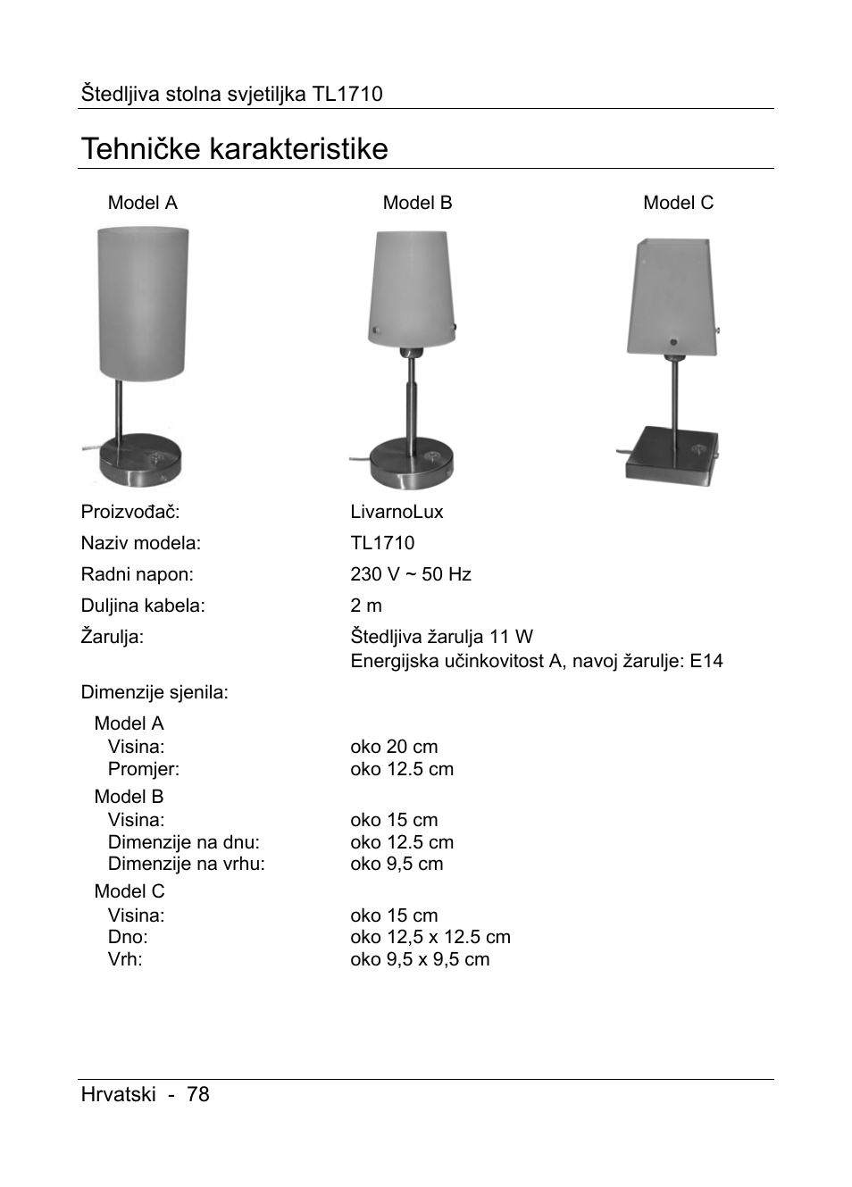 Tehničke karakteristike | Livarno TL1710 User Manual | Page 80 / 89