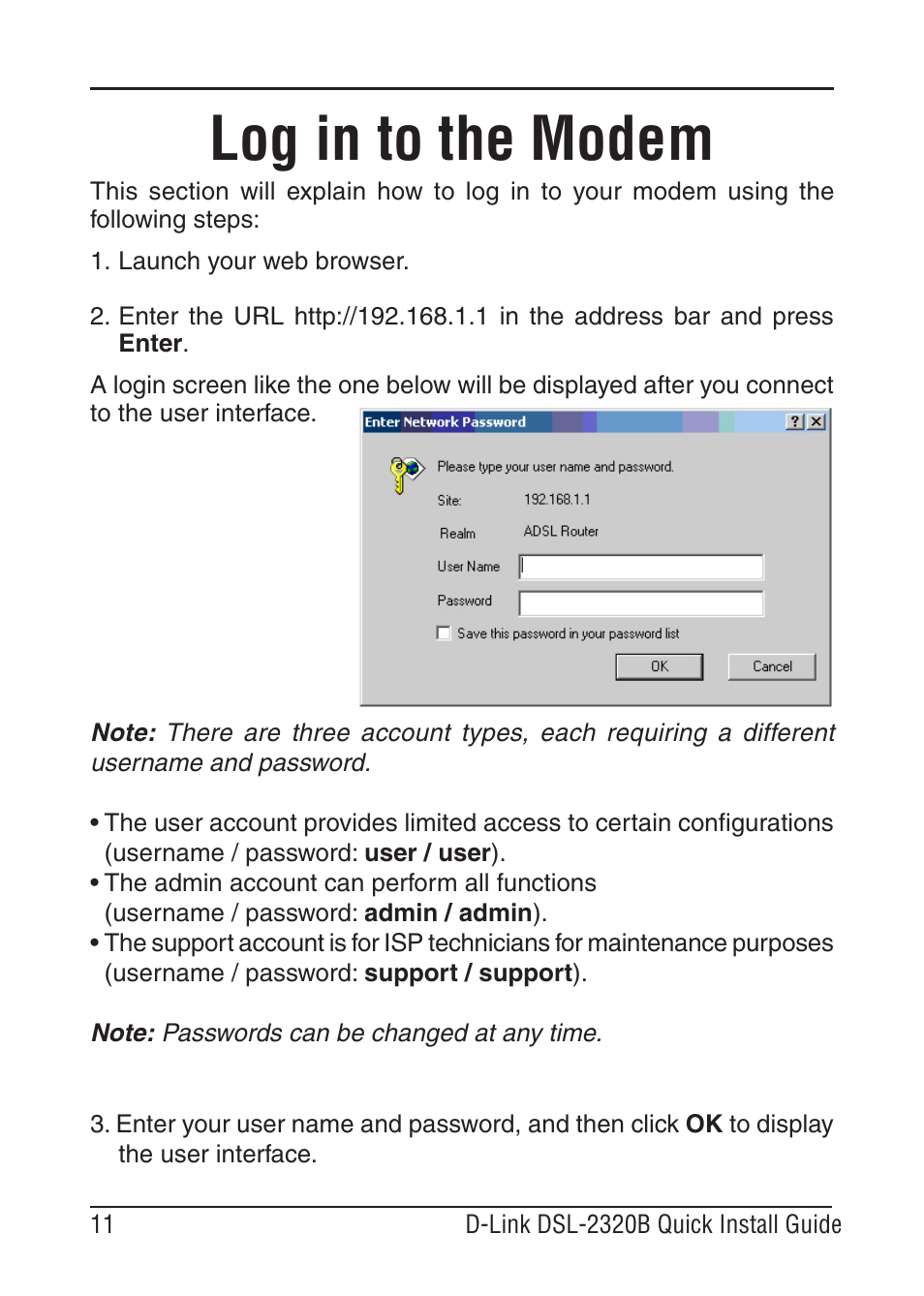 Log in to the modem | D-Link BROADBAND DSL-30B User Manual | Page 11 / 12