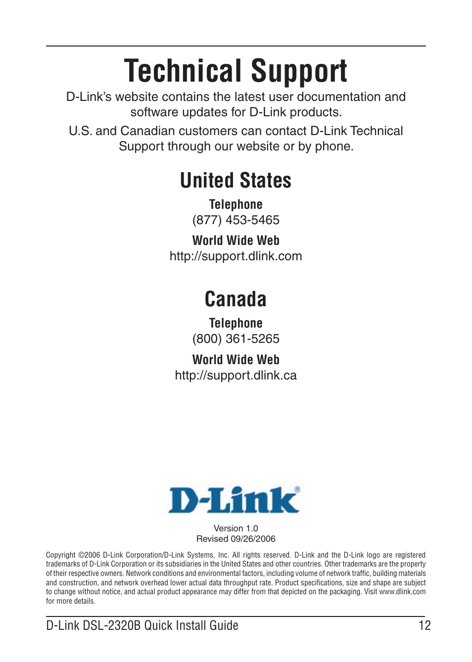 Technical support, United states, Canada | D-Link BROADBAND DSL-30B User Manual | Page 12 / 12