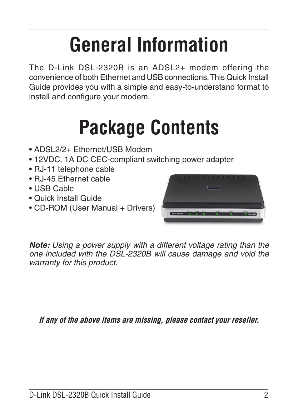 General information, Package contents | D-Link BROADBAND DSL-30B User Manual | Page 2 / 12
