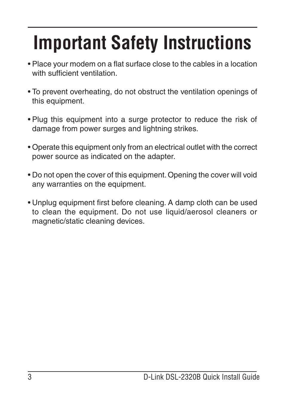 Important safety instructions | D-Link BROADBAND DSL-30B User Manual | Page 3 / 12