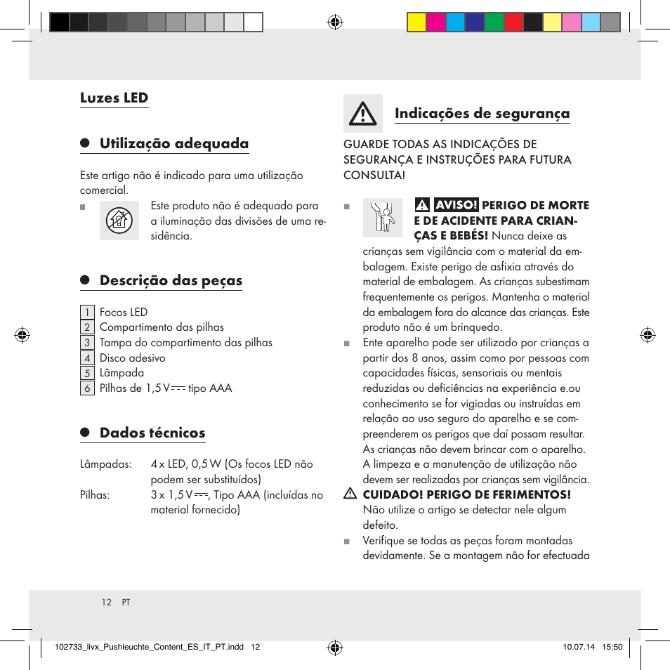 Luzes led, Utilização adequada, Descrição das peças | Dados técnicos, Indicações de segurança | Livarno 102733-14-01/102733-14-02 User Manual | Page 12 / 24