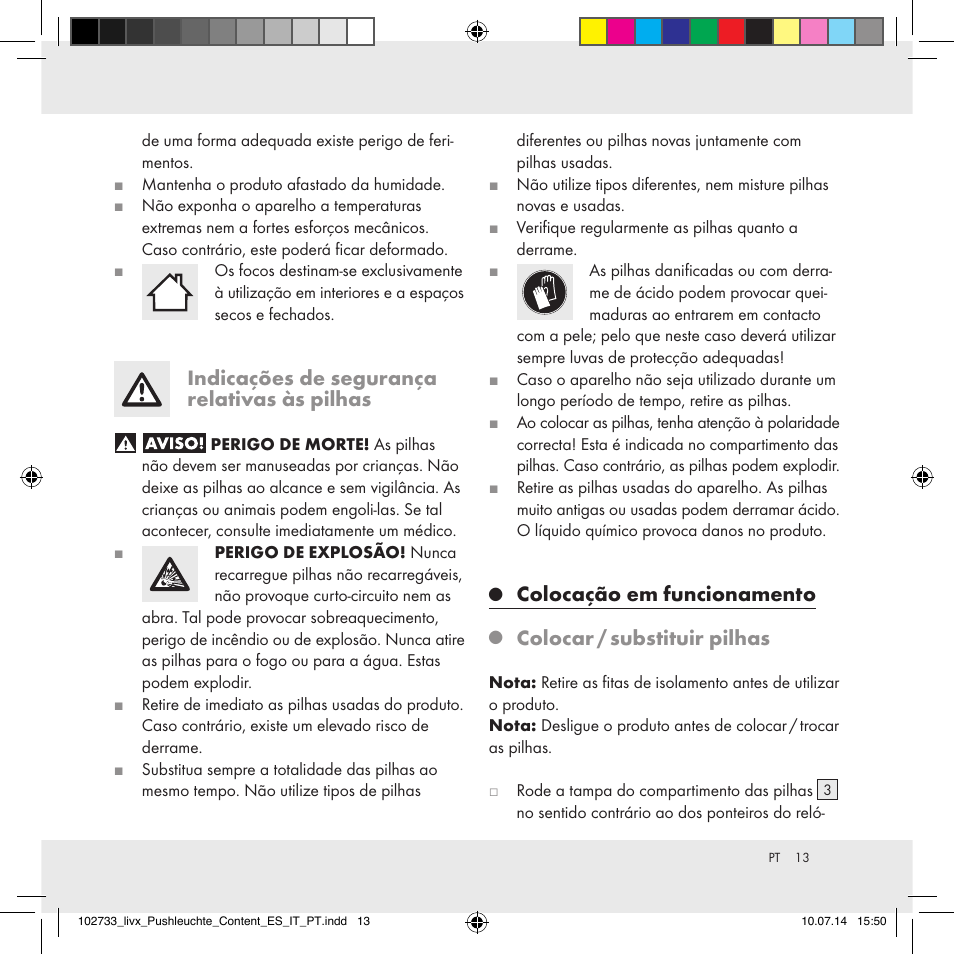 Indicações de segurança relativas às pilhas, Colocação em funcionamento, Colocar / substituir pilhas | Livarno 102733-14-01/102733-14-02 User Manual | Page 13 / 24