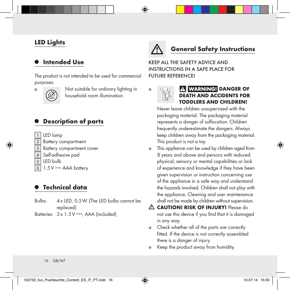 Led lights, Intended use, Description of parts | Technical data, General safety instructions | Livarno 102733-14-01/102733-14-02 User Manual | Page 16 / 24