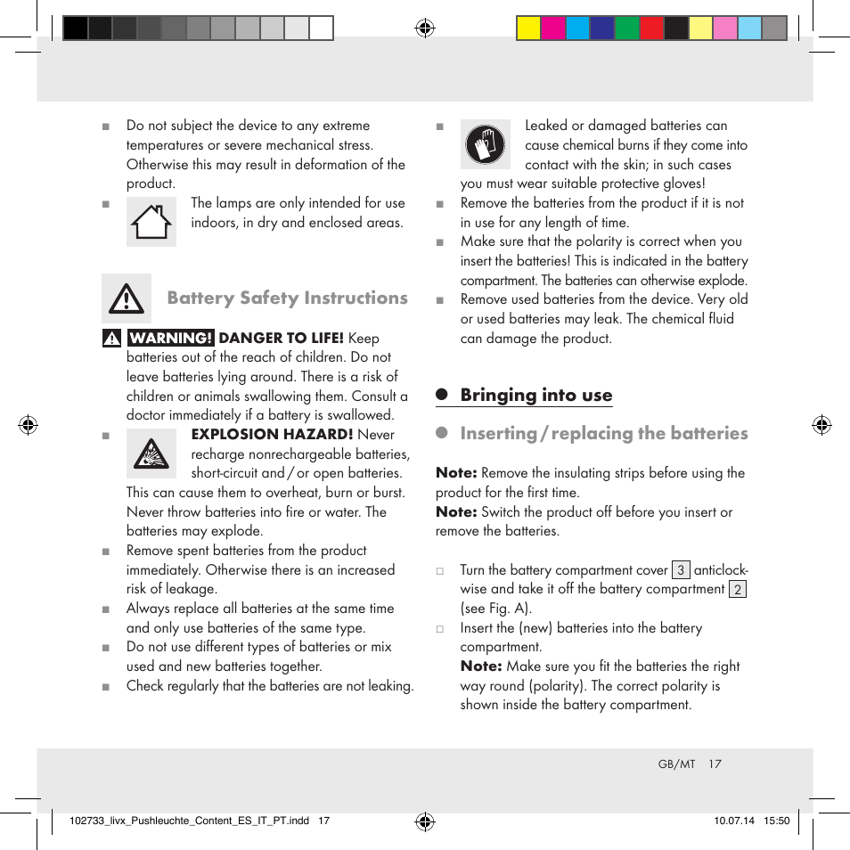 Battery safety instructions, Bringing into use, Inserting / replacing the batteries | Livarno 102733-14-01/102733-14-02 User Manual | Page 17 / 24
