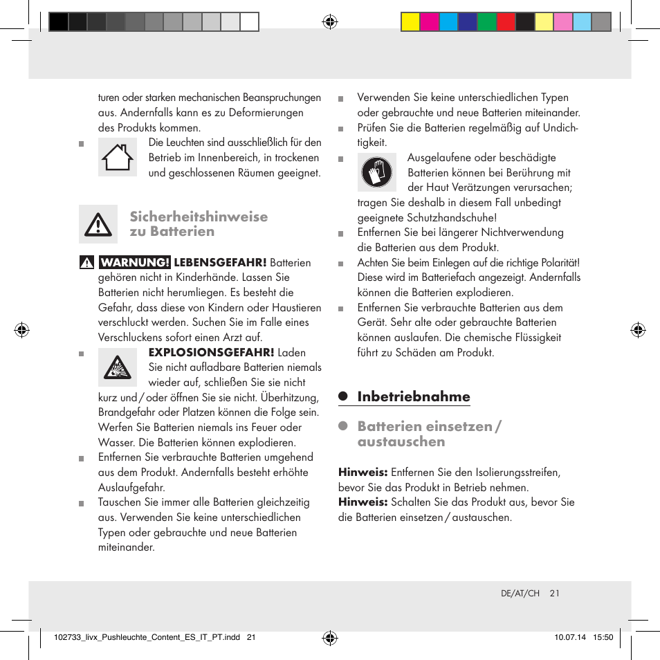 Sicherheitshinweise zu batterien, Inbetriebnahme, Batterien einsetzen / austauschen | Livarno 102733-14-01/102733-14-02 User Manual | Page 21 / 24