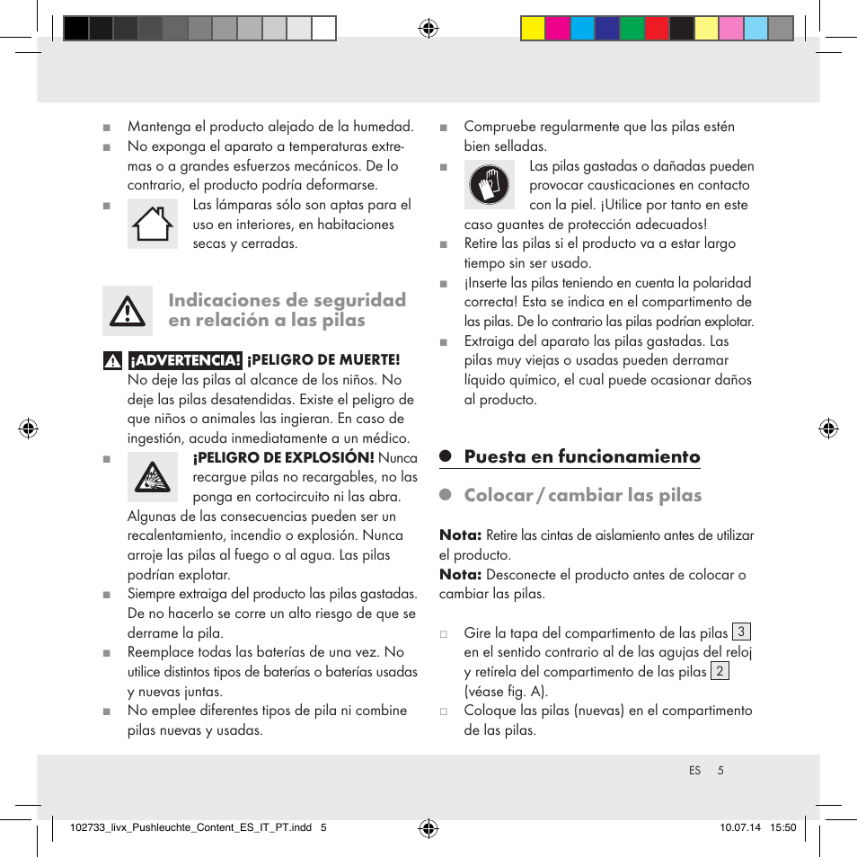 Indicaciones de seguridad en relación a las pilas, Puesta en funcionamiento, Colocar / cambiar las pilas | Livarno 102733-14-01/102733-14-02 User Manual | Page 5 / 24