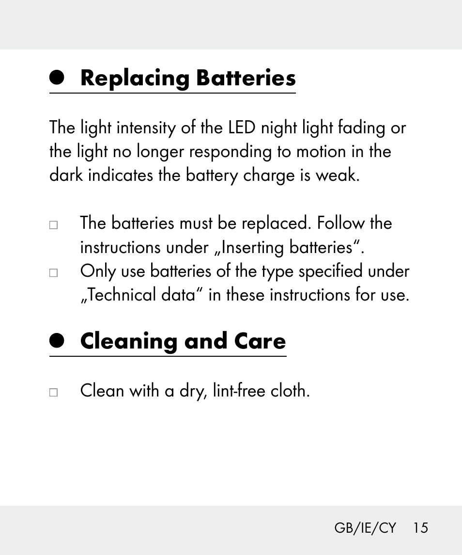 Replacing batteries, Cleaning and care | Livarno 100933-14-01 User Manual | Page 15 / 38