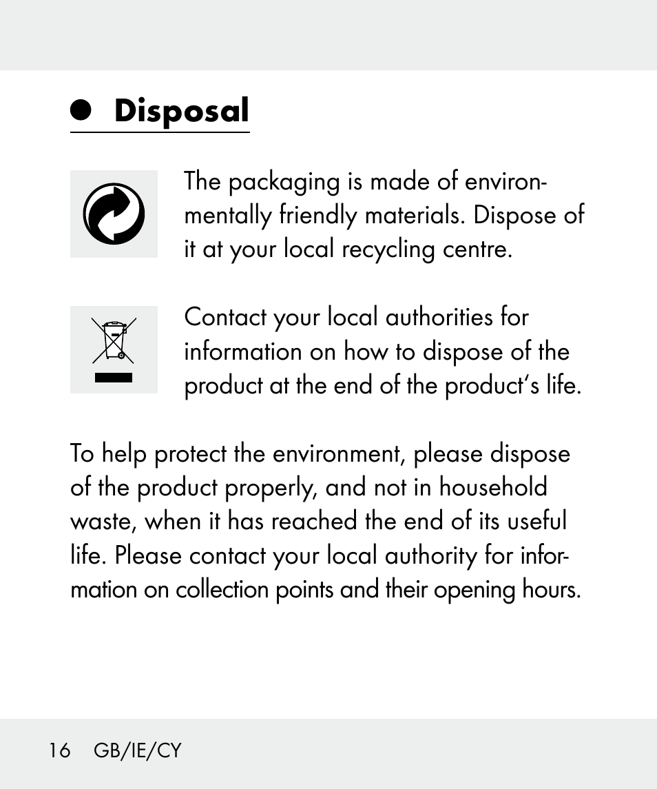 Disposal | Livarno 100933-14-01 User Manual | Page 16 / 38