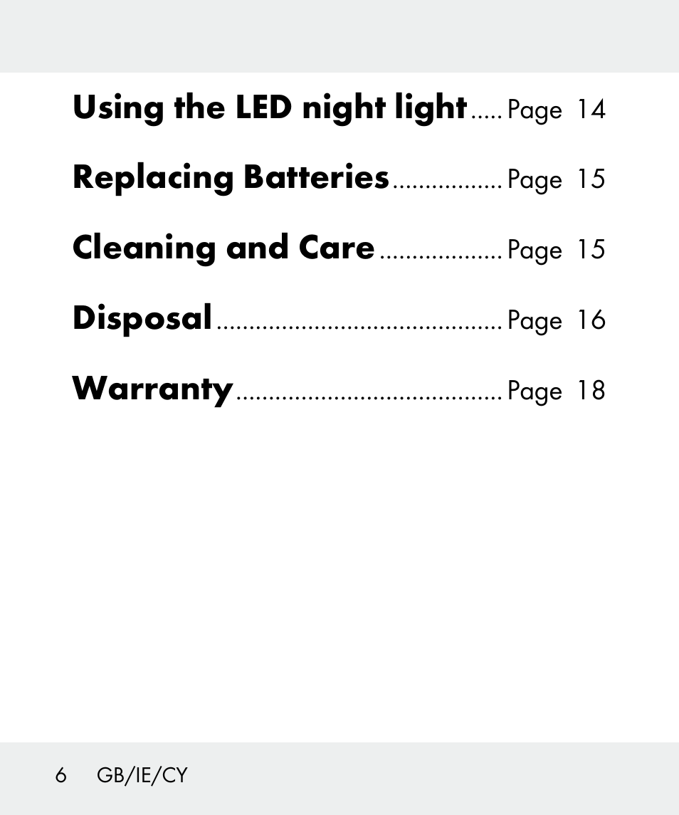 Using the led night light, Replacing batteries, Cleaning and care | Disposal, Warranty | Livarno 100933-14-01 User Manual | Page 6 / 38