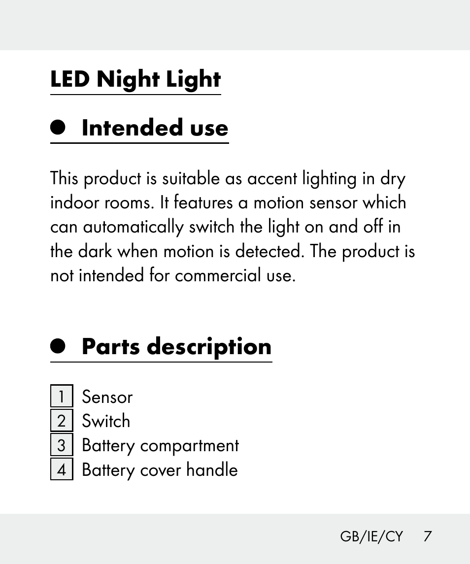 Led night light intended use, Parts description | Livarno 100933-14-01 User Manual | Page 7 / 38