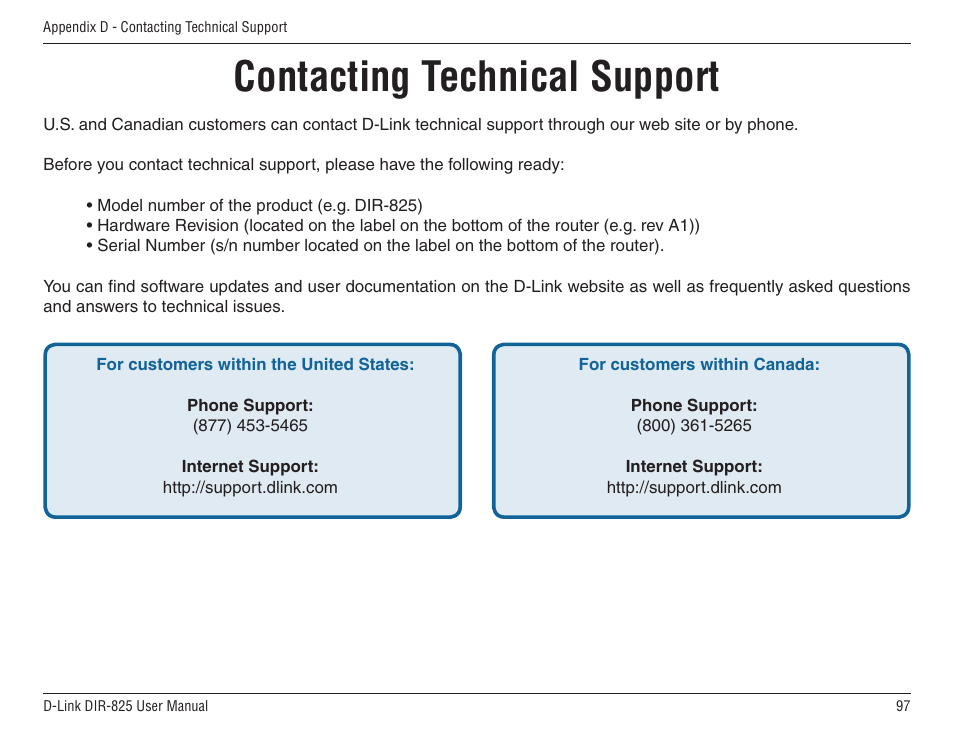 Contacting technical support, Contacting.technical.support | D-Link DIR-825 User Manual | Page 101 / 108