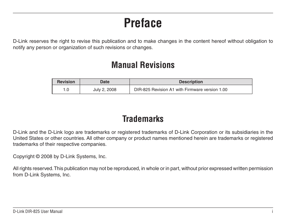 Preface, Manual revisions, Trademarks | Manual revisions trademarks | D-Link DIR-825 User Manual | Page 2 / 108