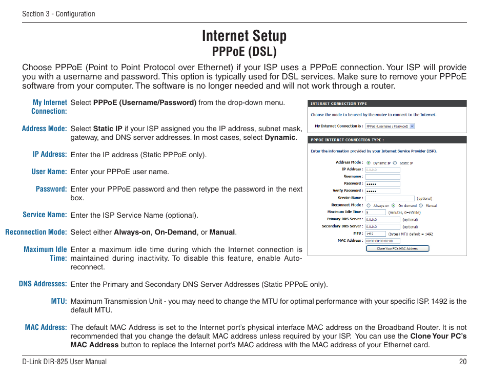 Pppoe (dsl), Internet setup | D-Link DIR-825 User Manual | Page 24 / 108