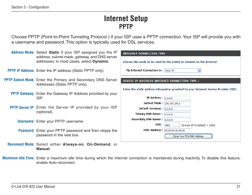 Pptp, Internet setup | D-Link DIR-825 User Manual | Page 25 / 108