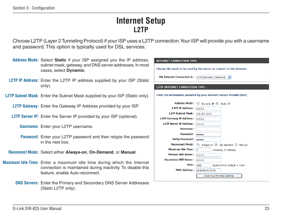 L2tp, Internet setup | D-Link DIR-825 User Manual | Page 27 / 108