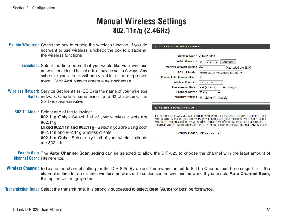 Manual wireless settings, 11n/g (2.4ghz) | D-Link DIR-825 User Manual | Page 31 / 108