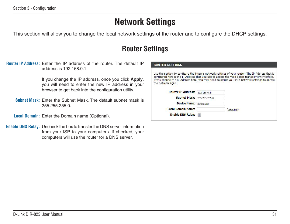 Network settings, Router settings | D-Link DIR-825 User Manual | Page 35 / 108