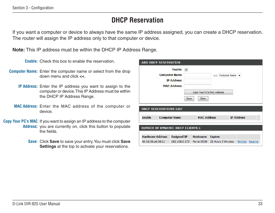 Dhcp reservation | D-Link DIR-825 User Manual | Page 37 / 108
