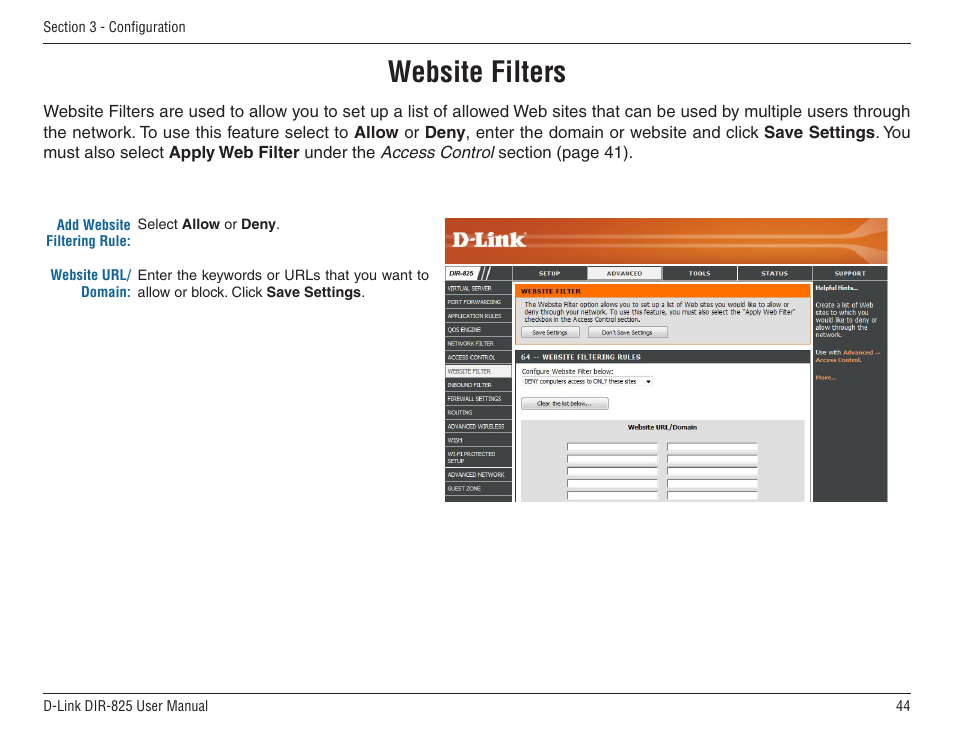 Website filters | D-Link DIR-825 User Manual | Page 48 / 108