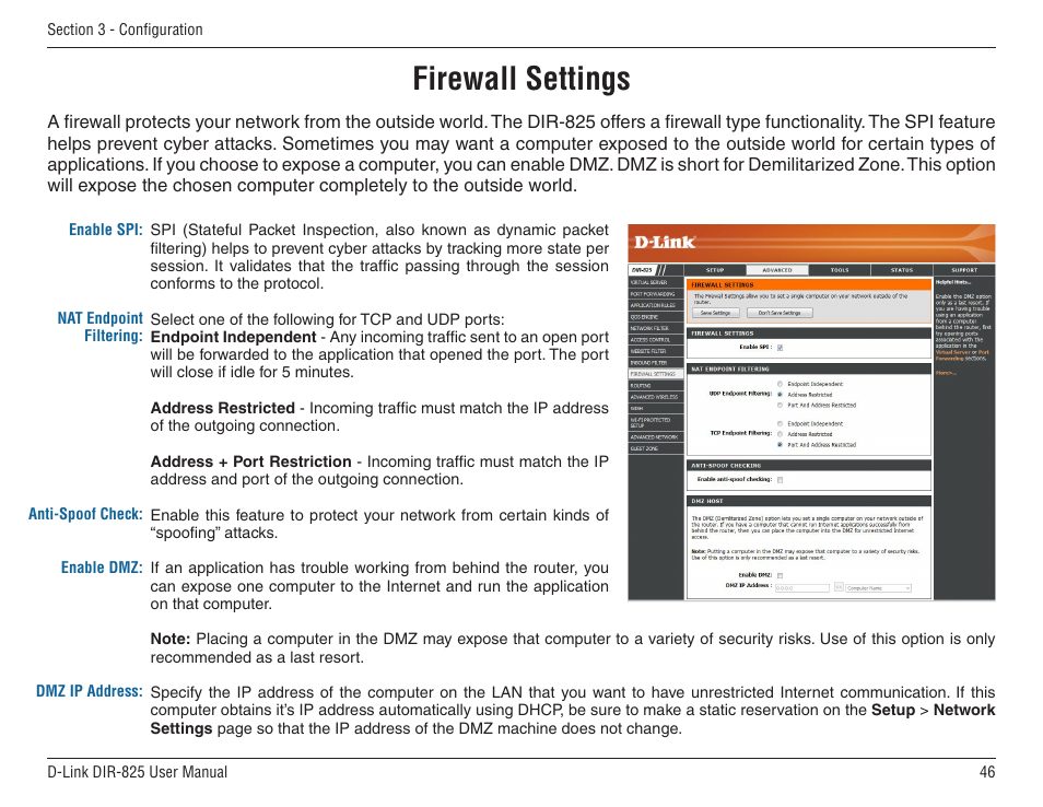 Firewall settings | D-Link DIR-825 User Manual | Page 50 / 108