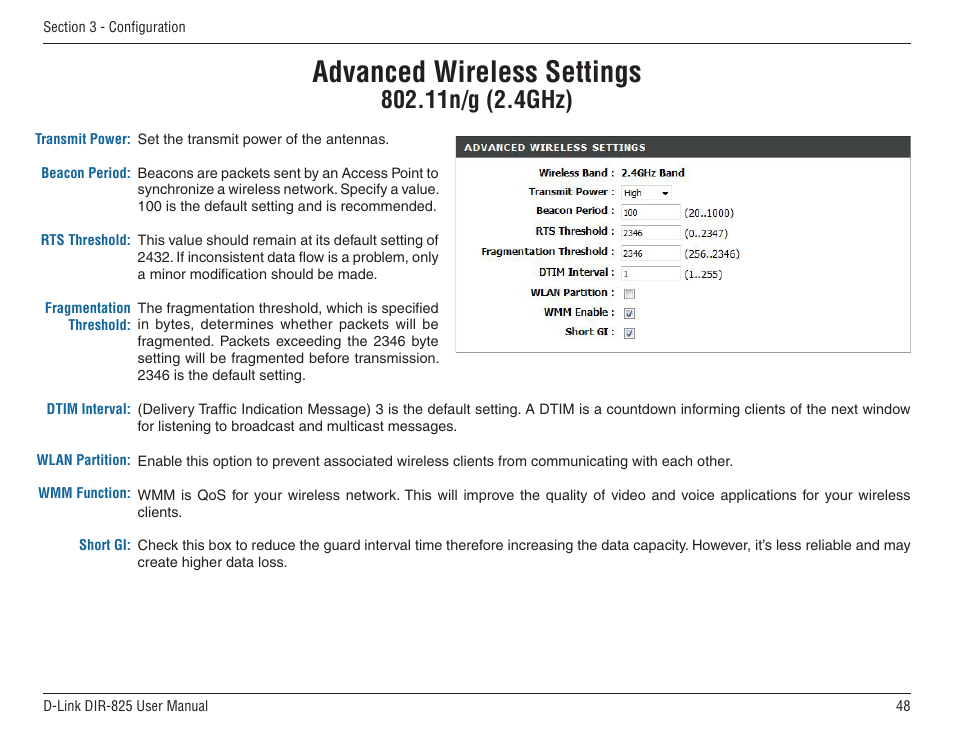 Advanced wireless settings, 11n/g (2.4ghz) | D-Link DIR-825 User Manual | Page 52 / 108