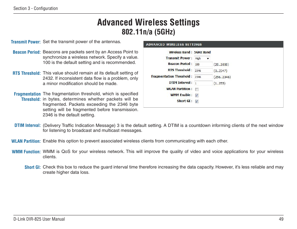 11n/a (5ghz), Advanced wireless settings | D-Link DIR-825 User Manual | Page 53 / 108