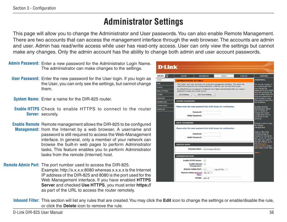 Administrator settings | D-Link DIR-825 User Manual | Page 60 / 108