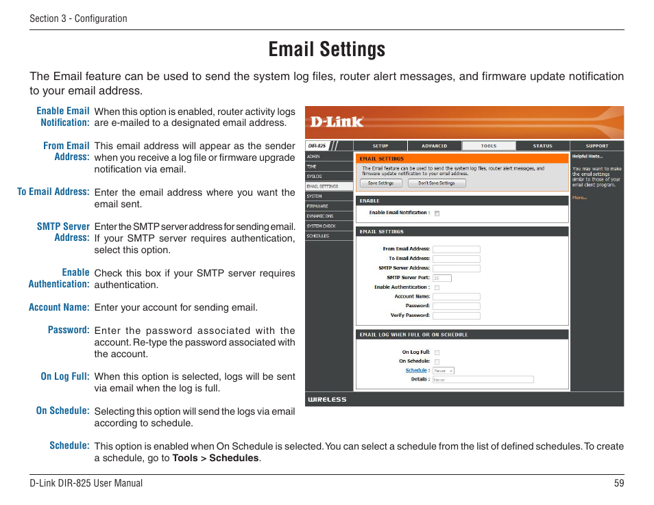 Email settings | D-Link DIR-825 User Manual | Page 63 / 108