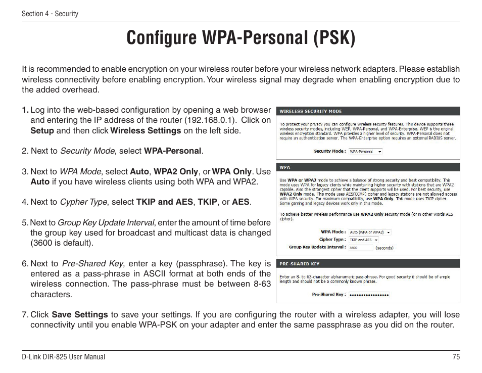 Configure wpa-personal (psk) | D-Link DIR-825 User Manual | Page 79 / 108