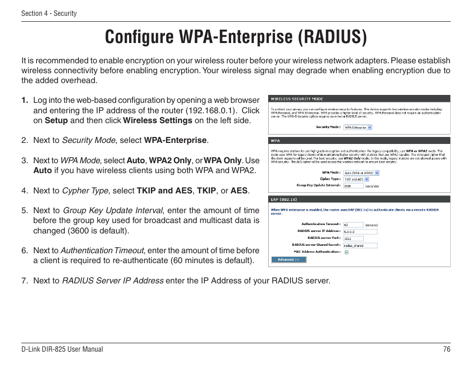 Configure wpa-enterprise (radius) | D-Link DIR-825 User Manual | Page 80 / 108