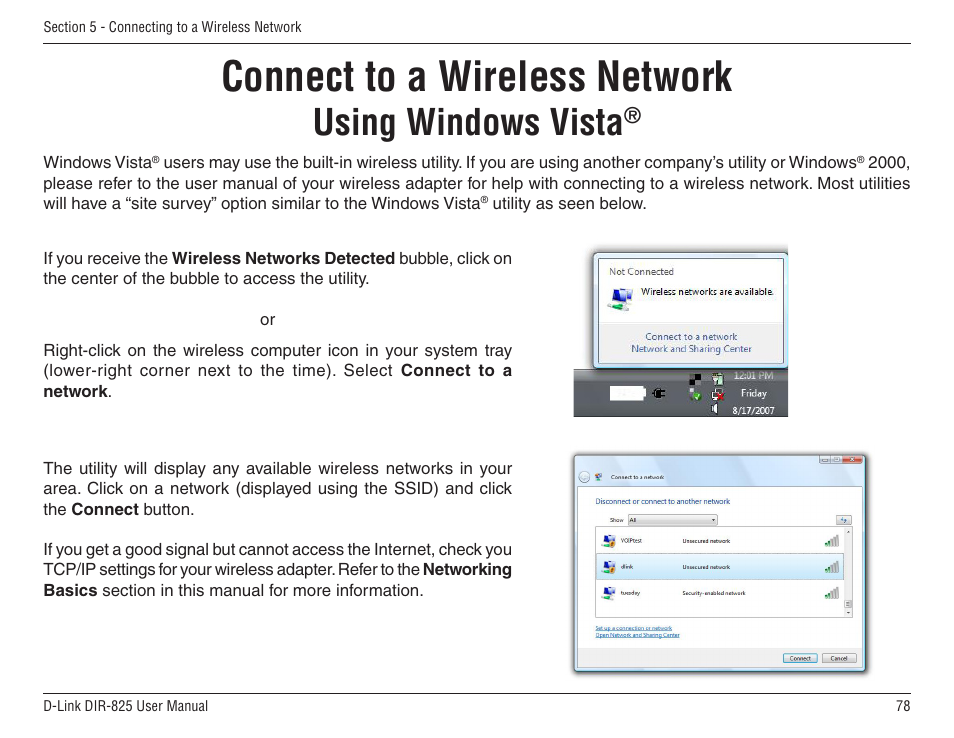 Connect to a wireless network, Using windows vista, Connect.to.a.wireless.network | D-Link DIR-825 User Manual | Page 82 / 108