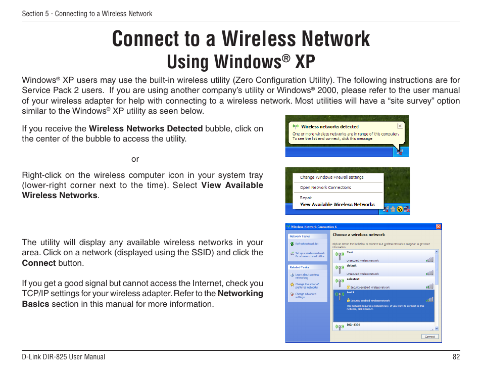 Using windows® xp, Using windows, Connect to a wireless network | D-Link DIR-825 User Manual | Page 86 / 108