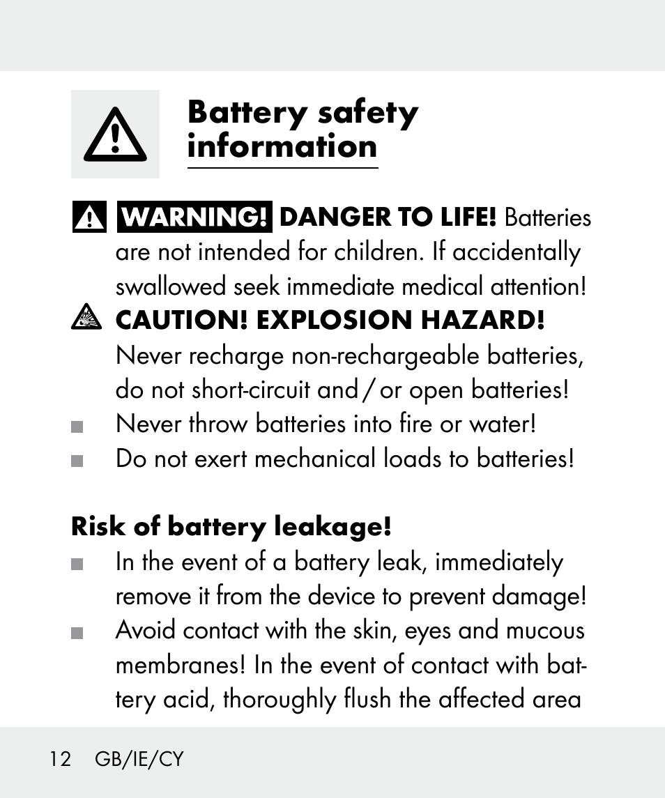 Battery safety information | Livarno 100933-14-02 User Manual | Page 12 / 41