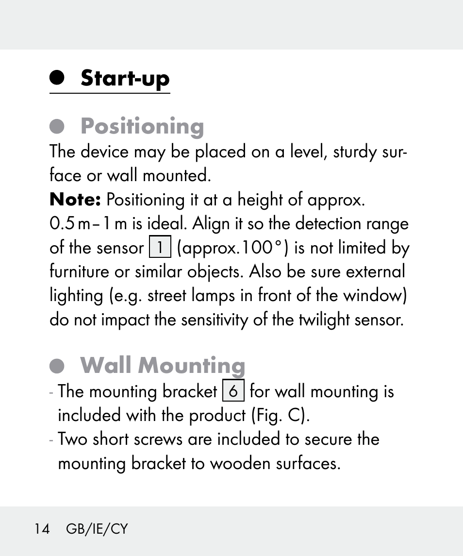 Start-up positioning, Wall mounting | Livarno 100933-14-02 User Manual | Page 14 / 41