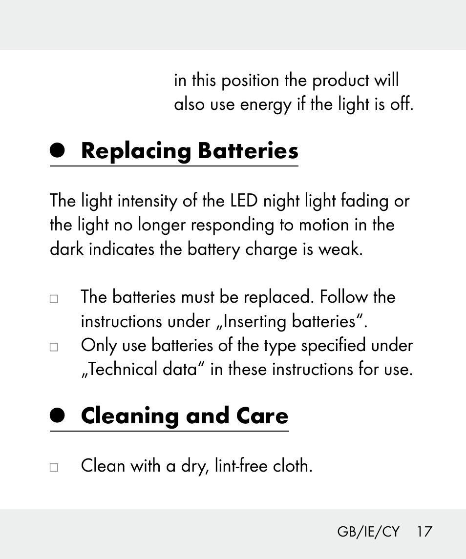 Replacing batteries, Cleaning and care | Livarno 100933-14-02 User Manual | Page 17 / 41