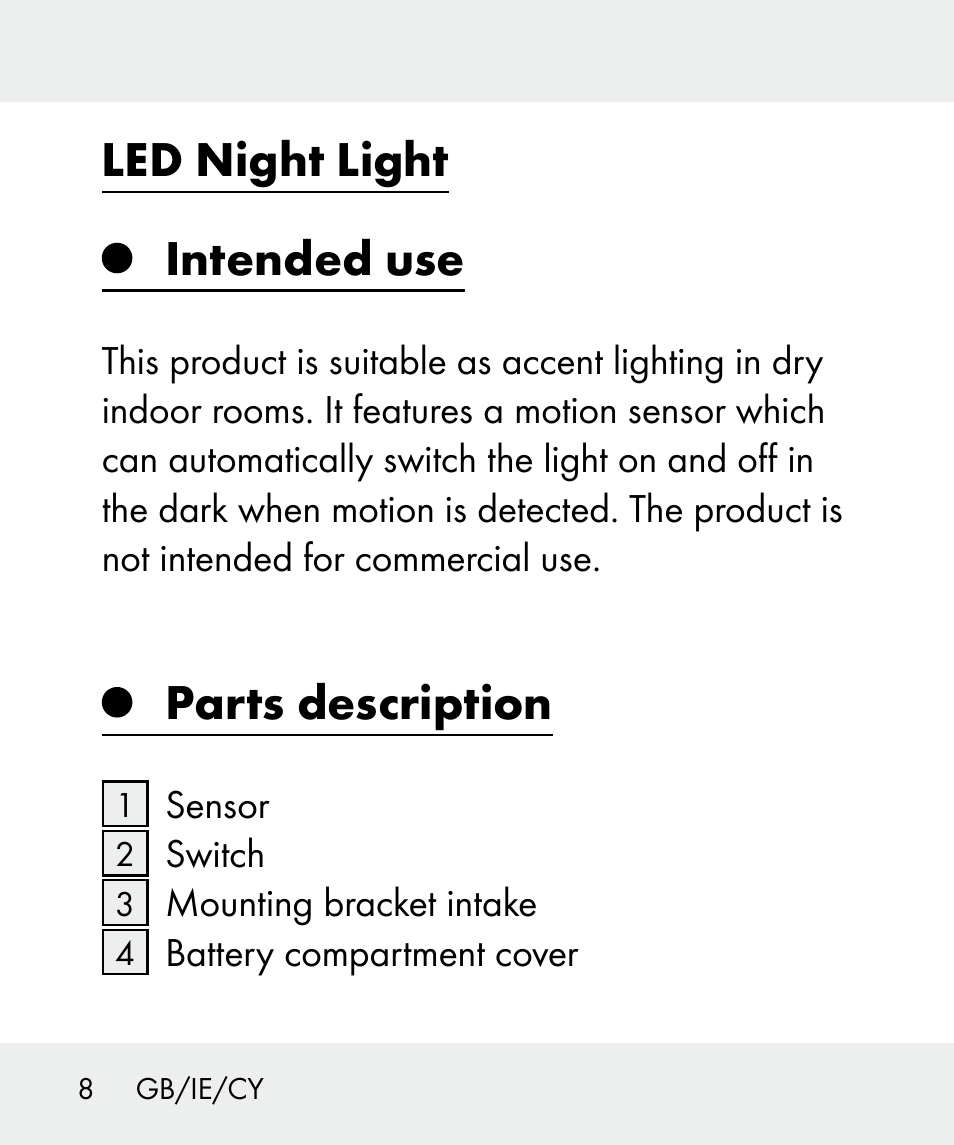 Led night light intended use, Parts description | Livarno 100933-14-02 User Manual | Page 8 / 41