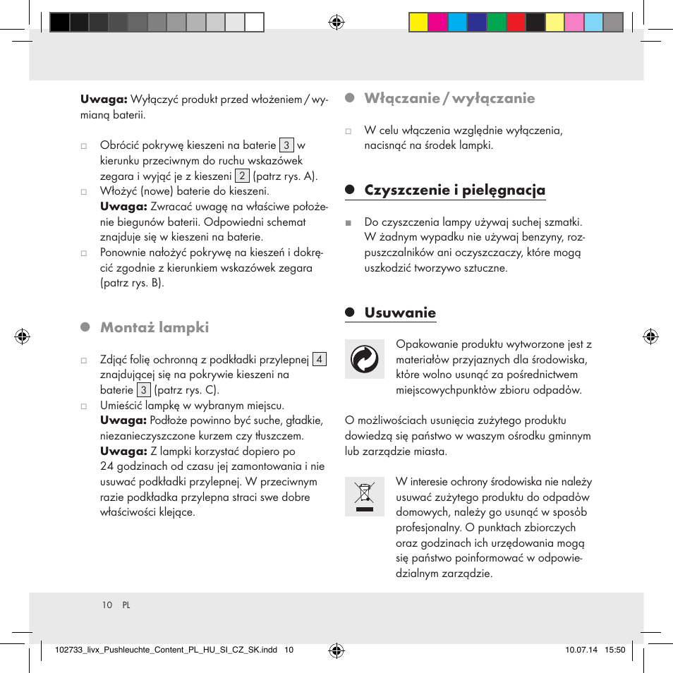 Montaż lampki, Włączanie / wyłączanie, Czyszczenie i pielęgnacja | Usuwanie | Livarno 102733-14-01/102733-14-02 User Manual | Page 10 / 32