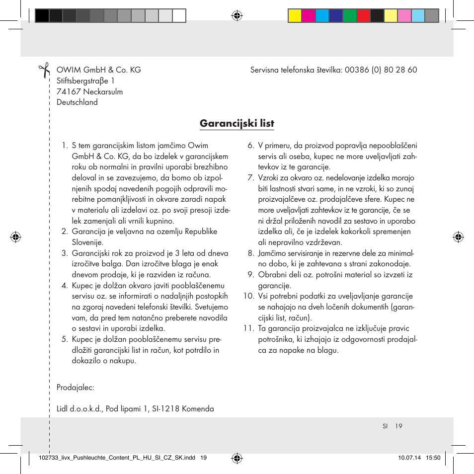 Garancijski list | Livarno 102733-14-01/102733-14-02 User Manual | Page 19 / 32