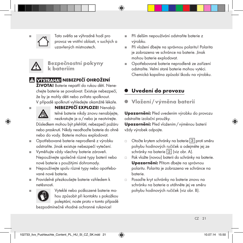 Bezpečnostní pokyny k bateriím, Uvedení do provozu, Vložení / výměna baterií | Livarno 102733-14-01/102733-14-02 User Manual | Page 21 / 32