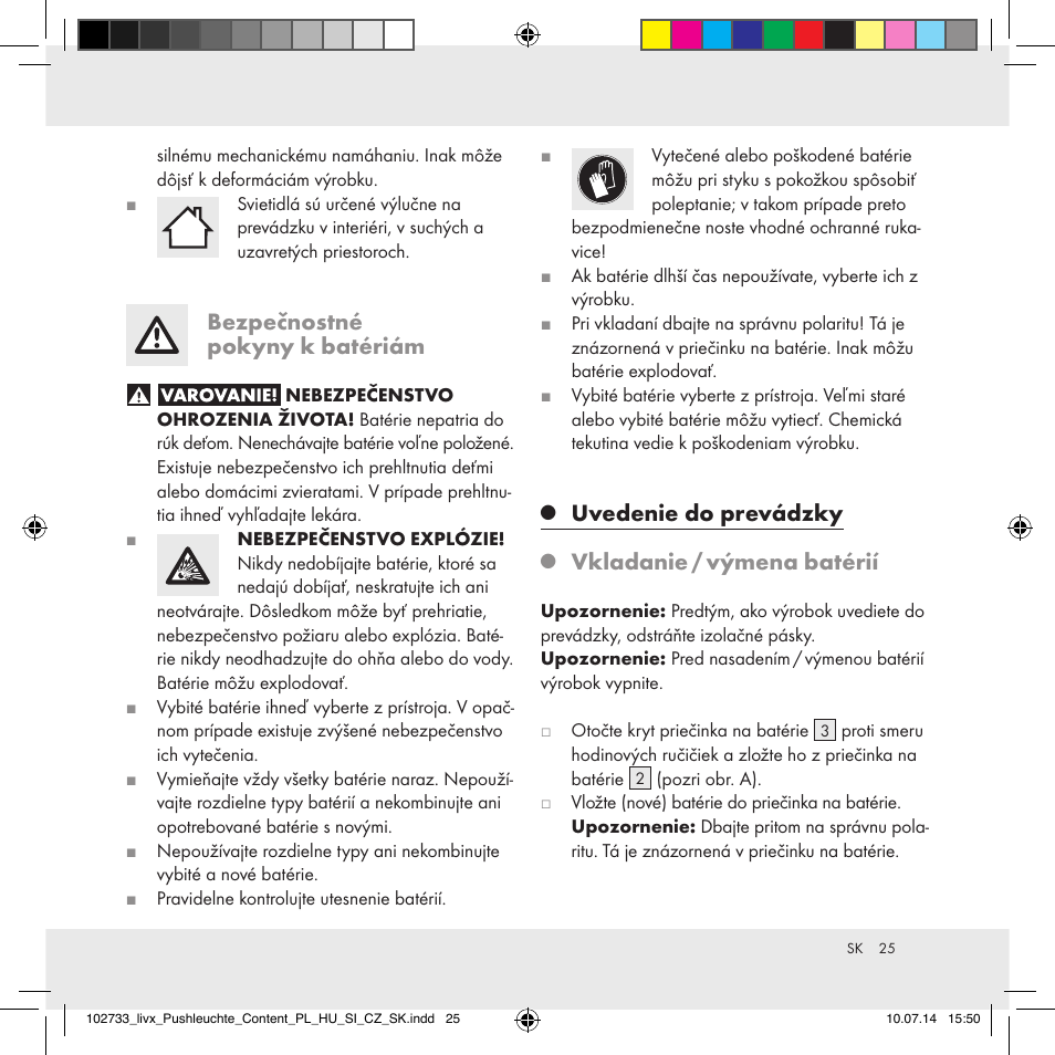 Bezpečnostné pokyny k batériám, Uvedenie do prevádzky, Vkladanie / výmena batérií | Livarno 102733-14-01/102733-14-02 User Manual | Page 25 / 32