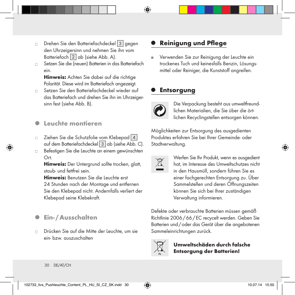 Leuchte montieren, Ein- / ausschalten, Reinigung und pflege | Entsorgung | Livarno 102733-14-01/102733-14-02 User Manual | Page 30 / 32