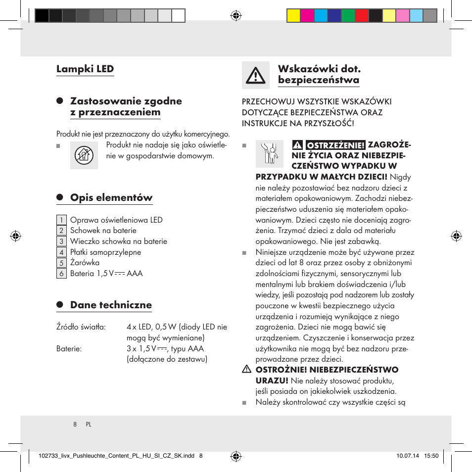 Lampki led, Zastosowanie zgodne z przeznaczeniem, Opis elementów | Dane techniczne, Wskazówki dot. bezpieczeństwa | Livarno 102733-14-01/102733-14-02 User Manual | Page 8 / 32