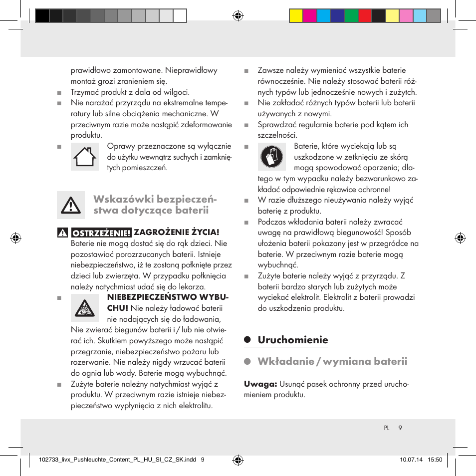 Wskazówki bezpieczeń- stwa dotyczące baterii, Uruchomienie, Wkładanie / wymiana baterii | Livarno 102733-14-01/102733-14-02 User Manual | Page 9 / 32