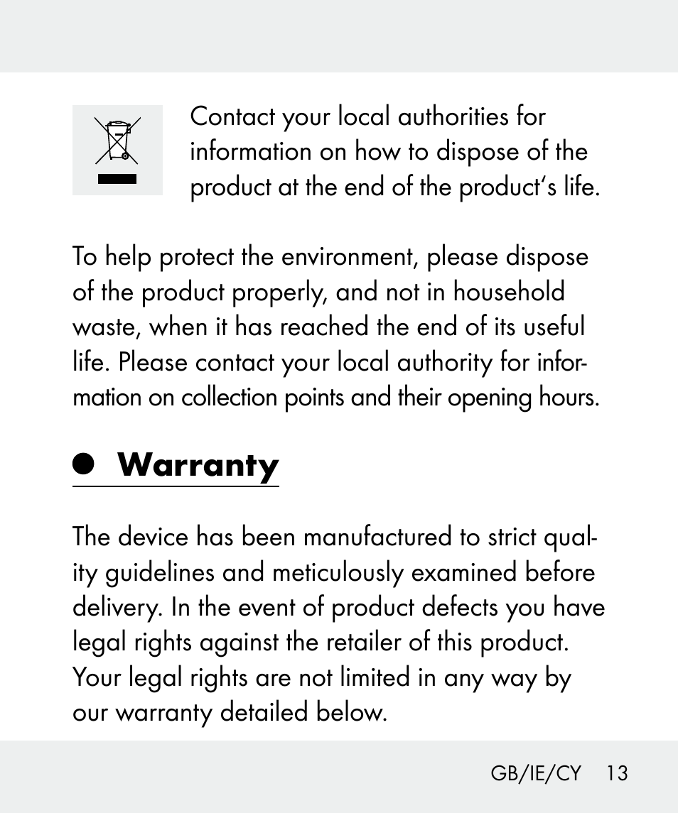 Warranty | Livarno 100933-14-03-BS User Manual | Page 13 / 28