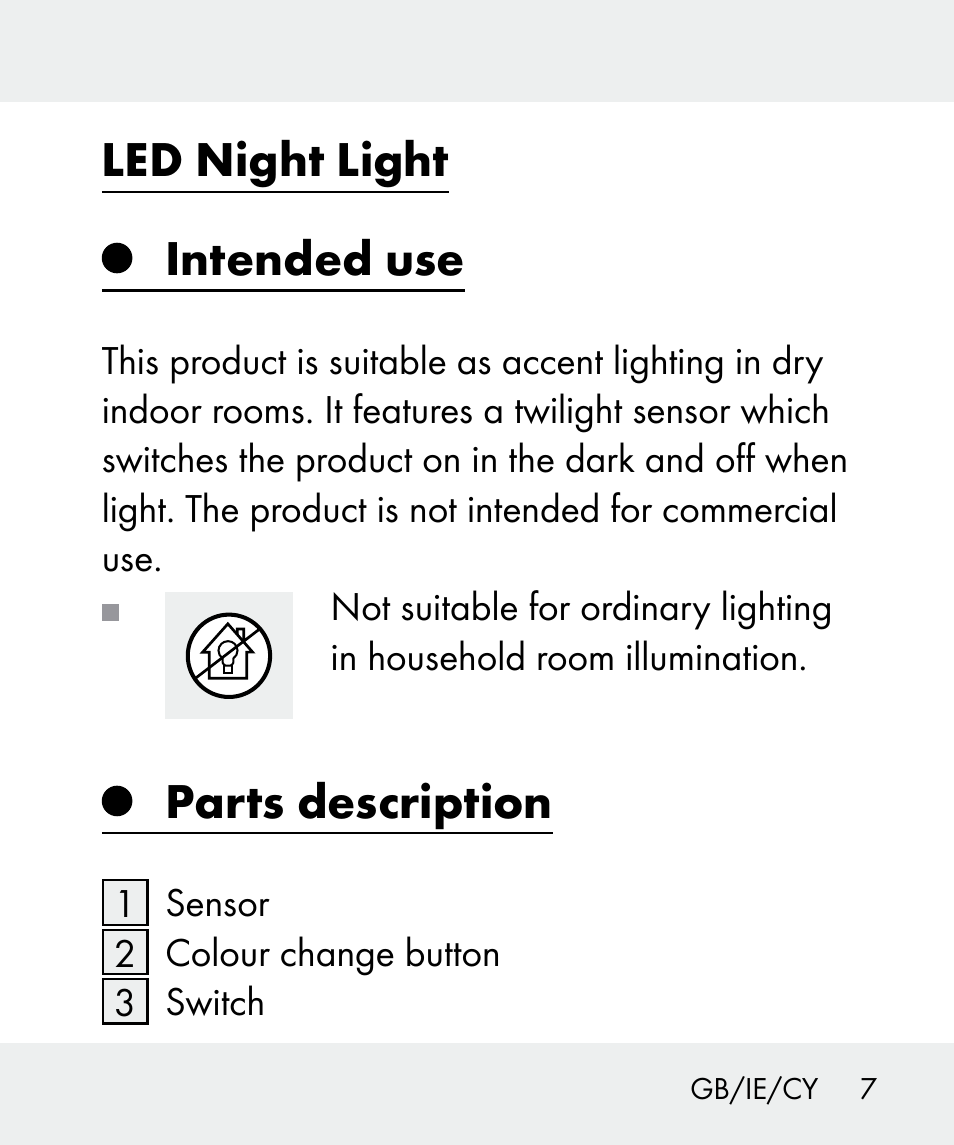 Led night light intended use, Parts description | Livarno 100933-14-03-BS User Manual | Page 7 / 28
