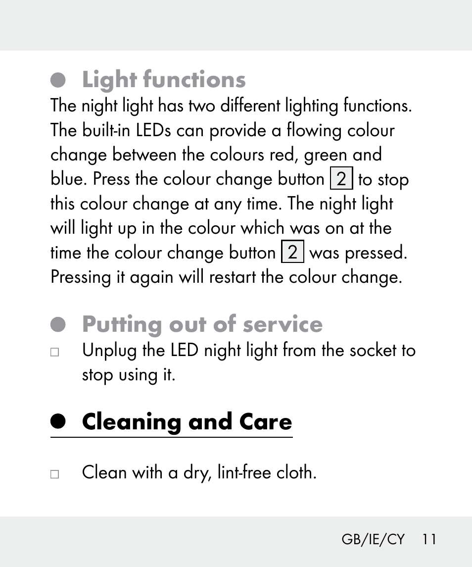 Light functions, Putting out of service, Cleaning and care | Livarno 100933-14-04-BS User Manual | Page 11 / 27