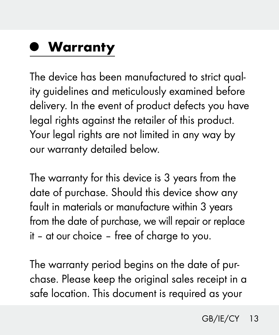 Warranty | Livarno 100933-14-04-BS User Manual | Page 13 / 27